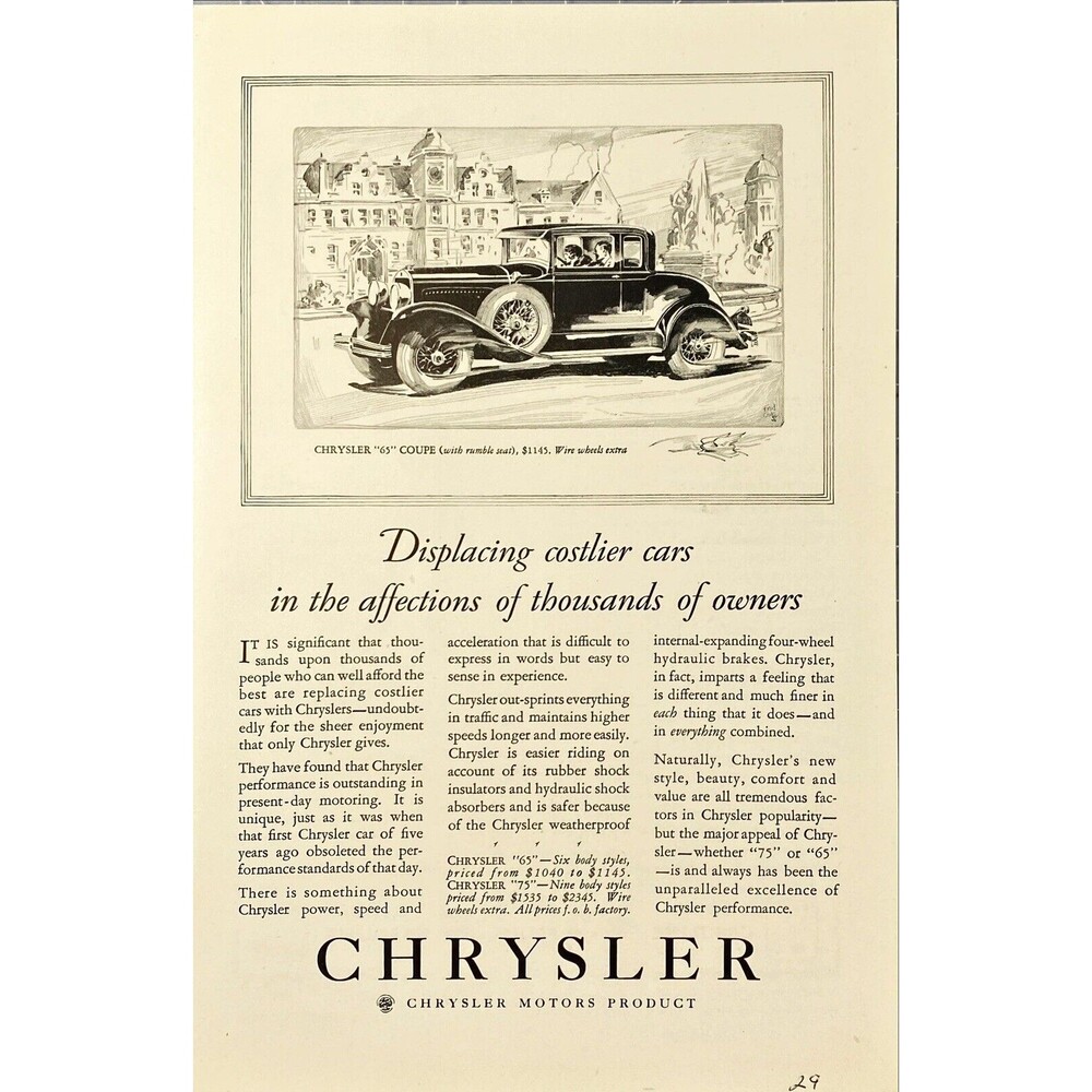 Chrysler '65 Coupe "Displacing costlier cars" $1145 Vintage Print Ad 1929